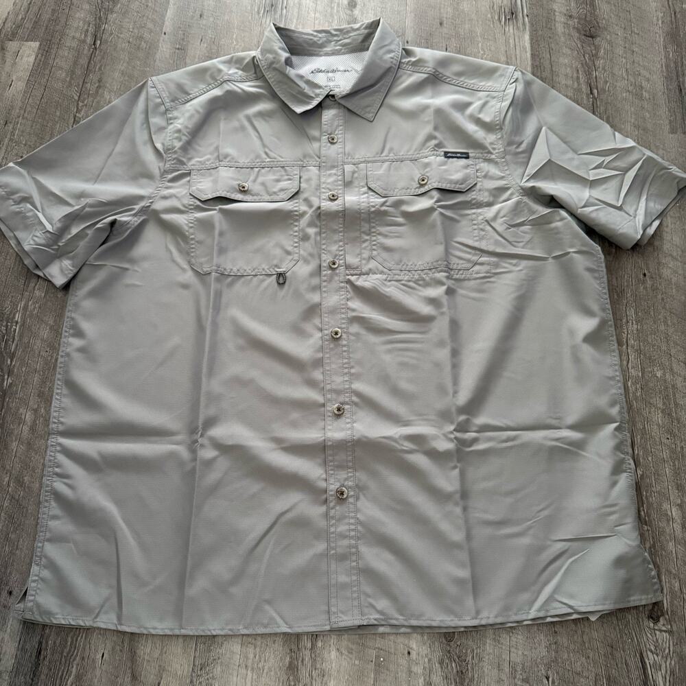 Eddie Bauer Woven Short Sleeve Button Up Vented Tech Shirt Mens XL Limestone NEW